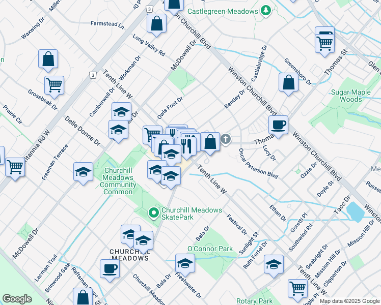 map of restaurants, bars, coffee shops, grocery stores, and more near 5606 Tenth Line West in Mississauga