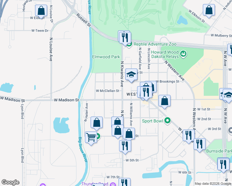 map of restaurants, bars, coffee shops, grocery stores, and more near 2608 West Madison Street in Sioux Falls