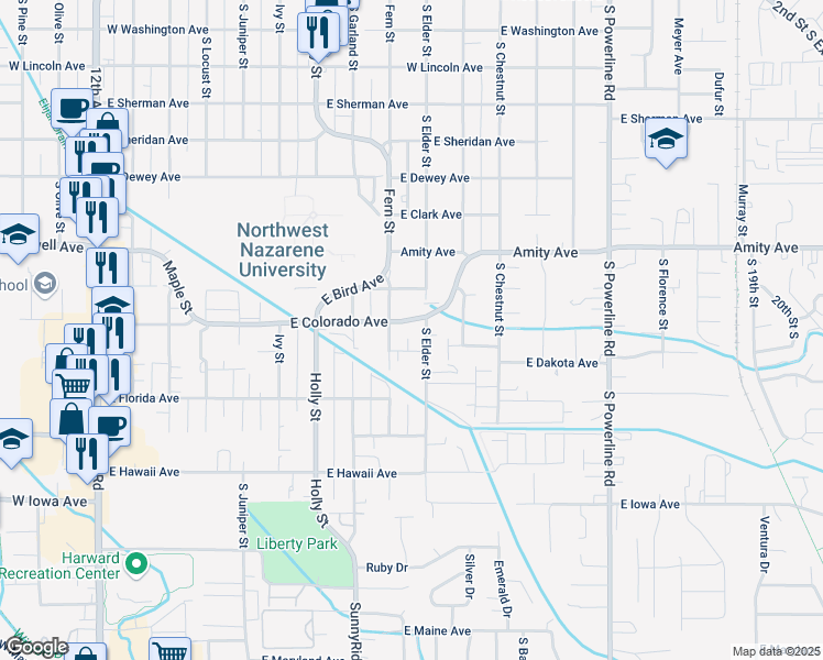 map of restaurants, bars, coffee shops, grocery stores, and more near 1007 South Elder Street in Nampa