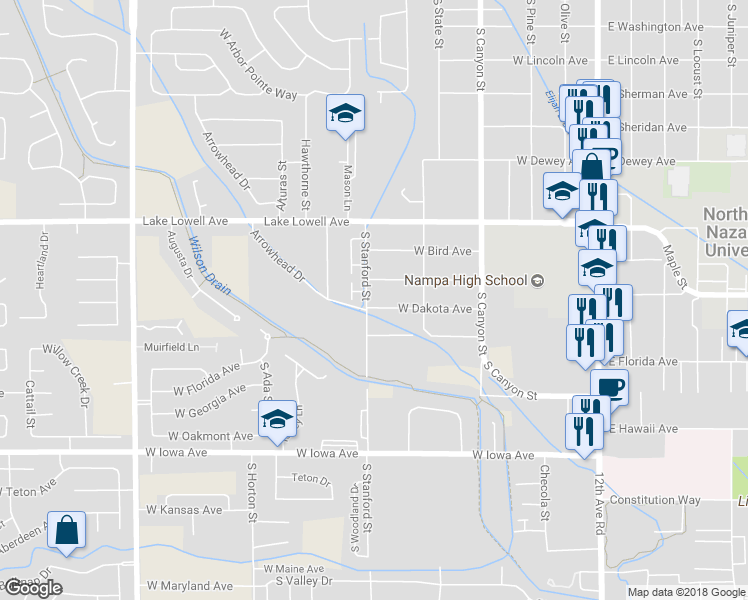 map of restaurants, bars, coffee shops, grocery stores, and more near 548 West Dakota Avenue in Nampa