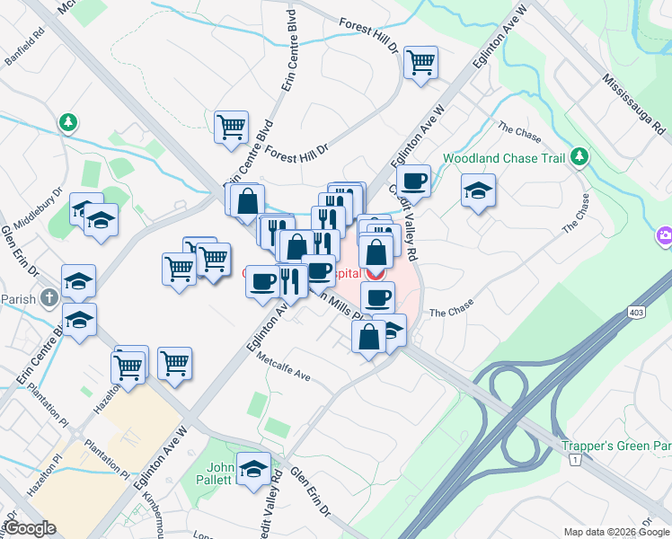 map of restaurants, bars, coffee shops, grocery stores, and more near 2300 Erin Mills Parkway in Mississauga