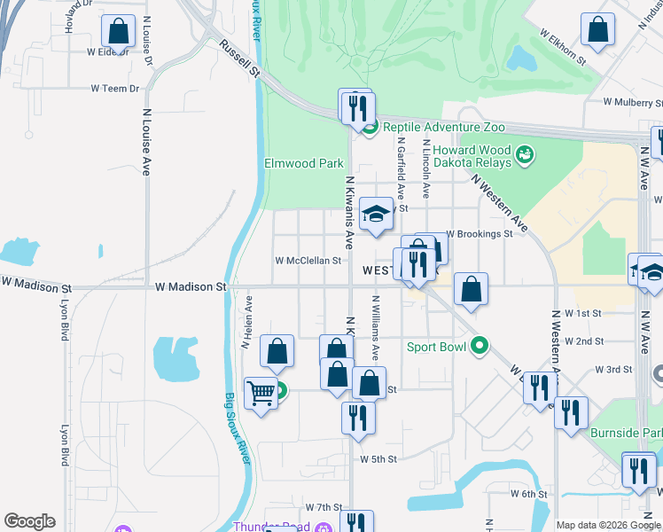 map of restaurants, bars, coffee shops, grocery stores, and more near 2608 West Madison Street in Sioux Falls