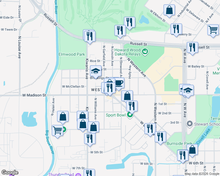 map of restaurants, bars, coffee shops, grocery stores, and more near 2212 West Madison Street in Sioux Falls