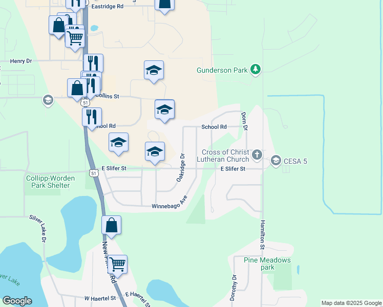 map of restaurants, bars, coffee shops, grocery stores, and more near 500 Winnebago Avenue in Portage