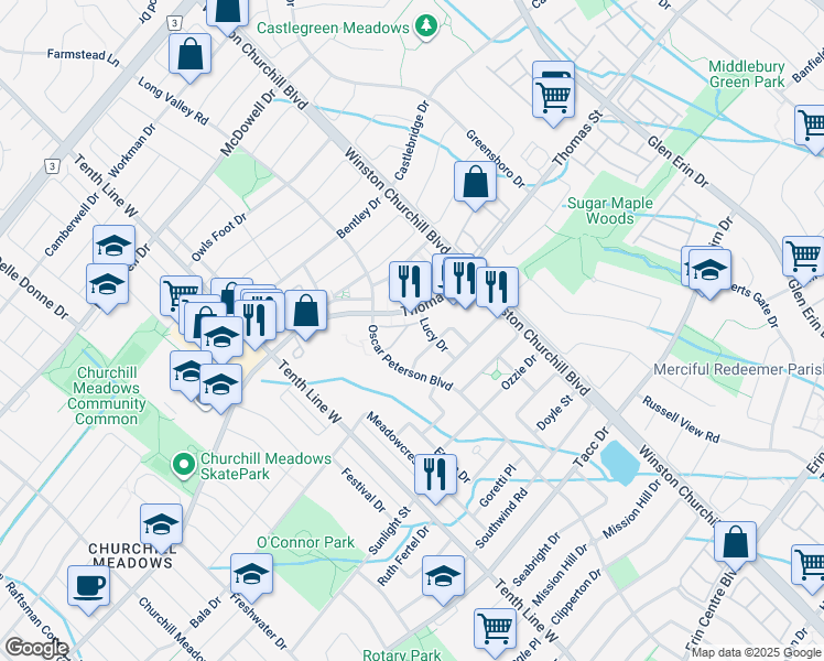 map of restaurants, bars, coffee shops, grocery stores, and more near 5615 Oscar Peterson Boulevard in Mississauga