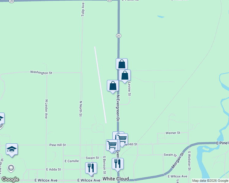 map of restaurants, bars, coffee shops, grocery stores, and more near 291 North Charles Street in White Cloud
