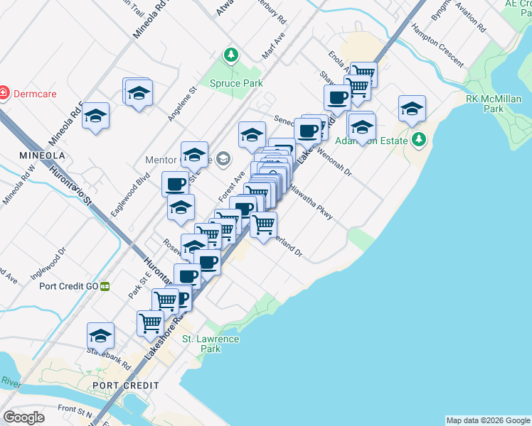 map of restaurants, bars, coffee shops, grocery stores, and more near 237 Lakeshore Road East in Mississauga