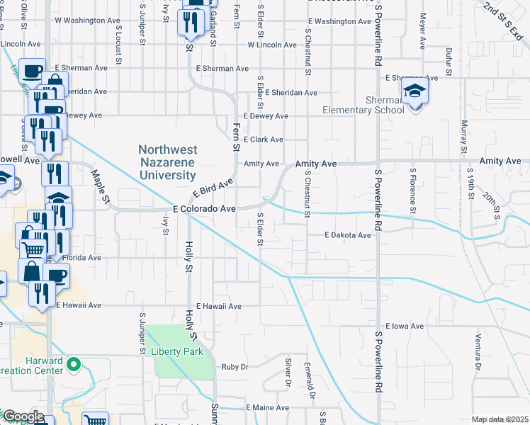 map of restaurants, bars, coffee shops, grocery stores, and more near 1017 South Elder Street in Nampa
