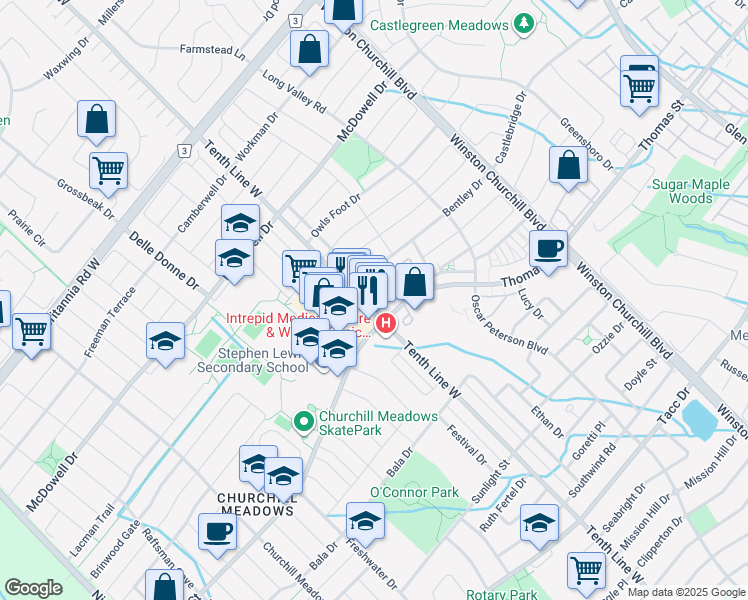 map of restaurants, bars, coffee shops, grocery stores, and more near 5606 Tenth Line West in Mississauga