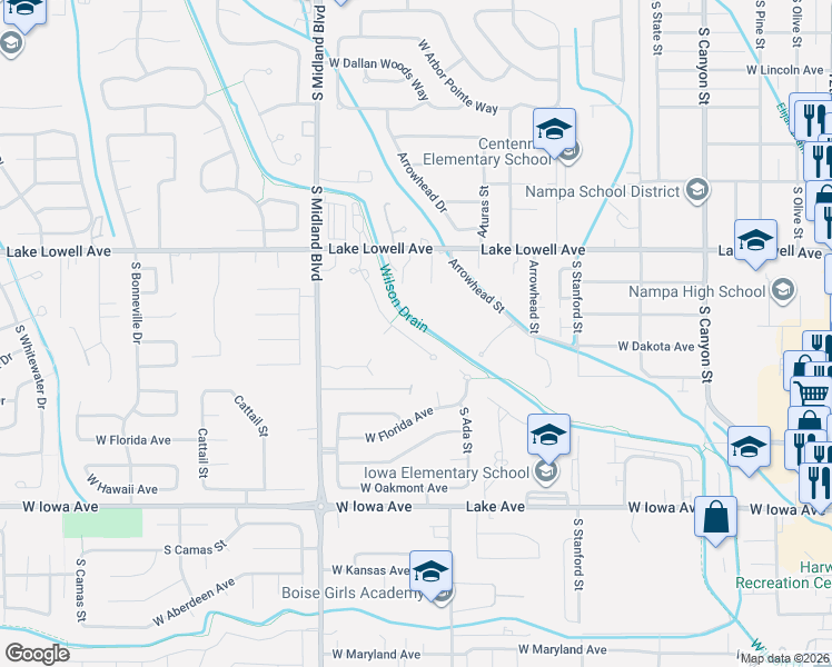 map of restaurants, bars, coffee shops, grocery stores, and more near 1019 Augusta Drive in Nampa