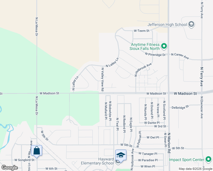 map of restaurants, bars, coffee shops, grocery stores, and more near 5776-6328 West Madison Street in Sioux Falls