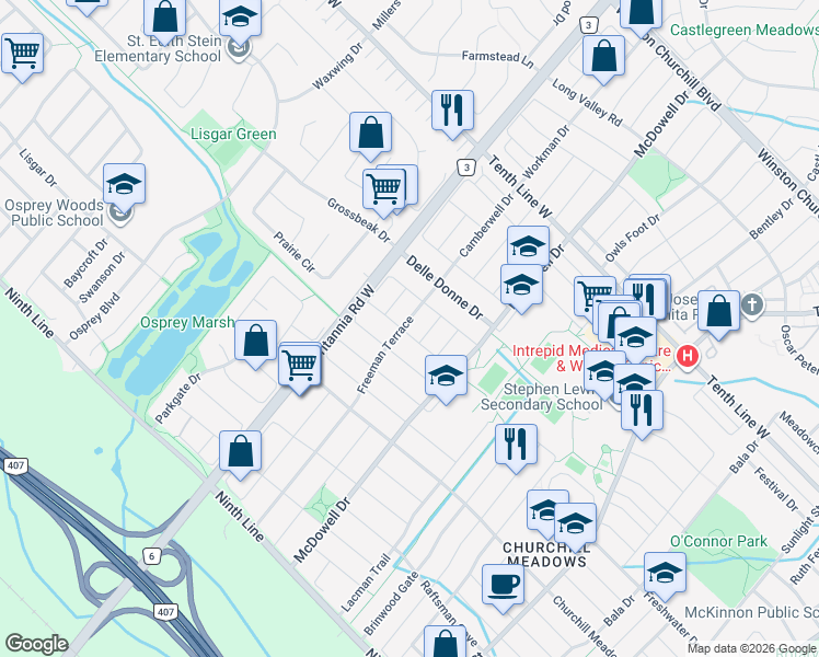 map of restaurants, bars, coffee shops, grocery stores, and more near 5901 Bermuda Drive in Mississauga