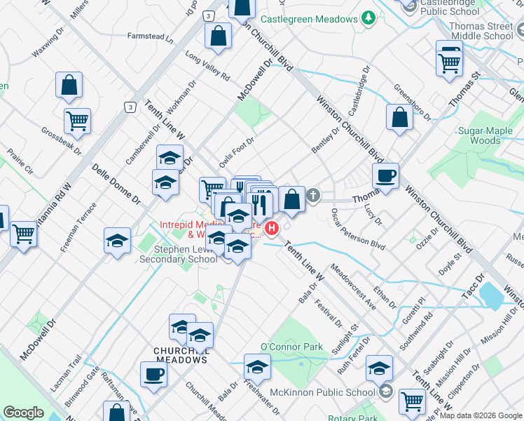 map of restaurants, bars, coffee shops, grocery stores, and more near 5725 Tenth Line West in Mississauga