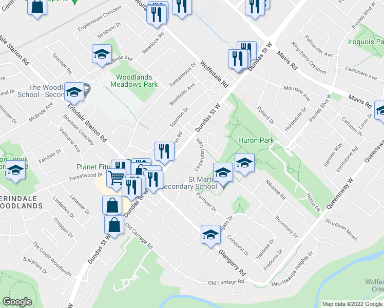 map of restaurants, bars, coffee shops, grocery stores, and more near in Mississauga