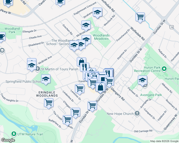 map of restaurants, bars, coffee shops, grocery stores, and more near 3100 Erindale Station Road in Mississauga