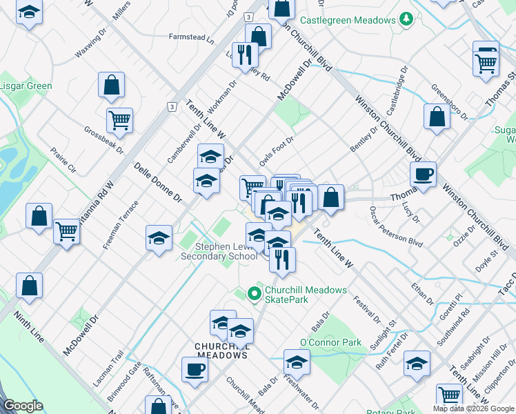 map of restaurants, bars, coffee shops, grocery stores, and more near 5602 Tenth Line West in Mississauga