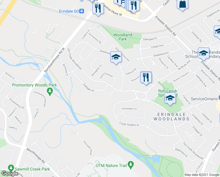 map of restaurants, bars, coffee shops, grocery stores, and more near 3438 The Credit Woodlands in Mississauga