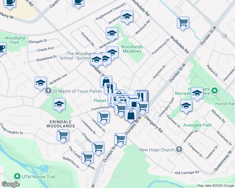 map of restaurants, bars, coffee shops, grocery stores, and more near 3100 Erindale Station Road in Mississauga