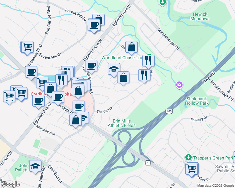 map of restaurants, bars, coffee shops, grocery stores, and more near in Mississauga