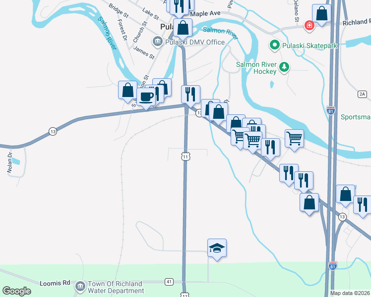 map of restaurants, bars, coffee shops, grocery stores, and more near Salina Street & Scotch Grove Road in Pulaski
