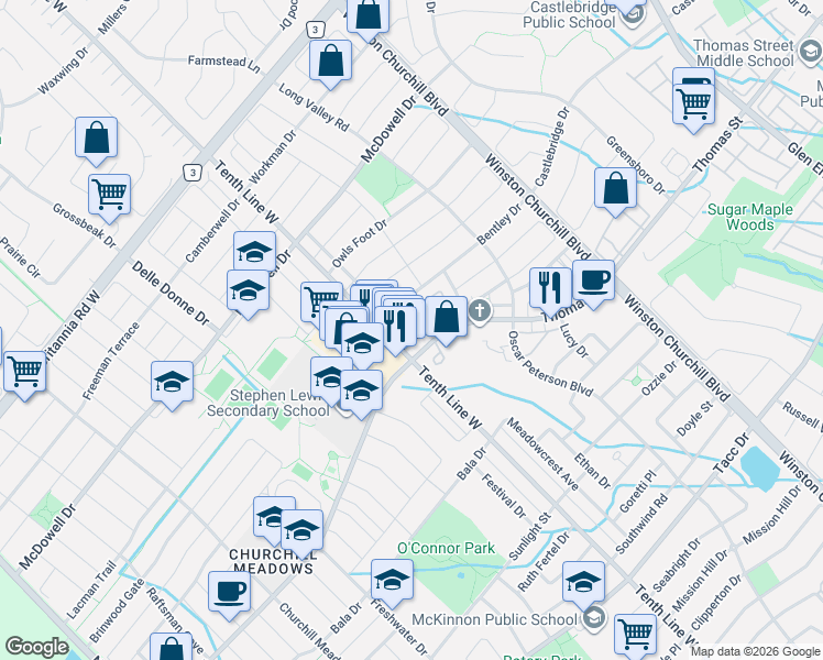 map of restaurants, bars, coffee shops, grocery stores, and more near 3250 Bentley Drive in Mississauga