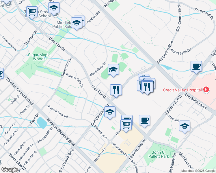 map of restaurants, bars, coffee shops, grocery stores, and more near 5205 Glen Erin Drive in Mississauga