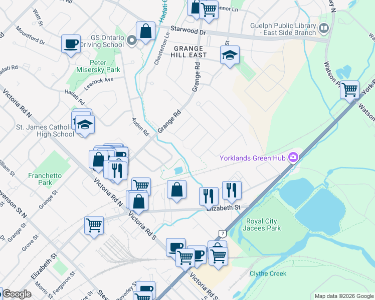 map of restaurants, bars, coffee shops, grocery stores, and more near 87 Cedarvale Avenue in Guelph