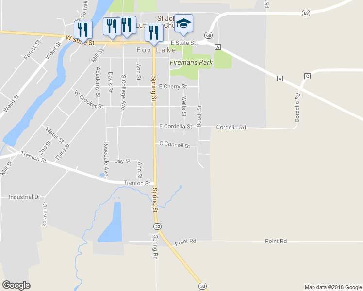 map of restaurants, bars, coffee shops, grocery stores, and more near 203 Oconnell Street in Fox Lake