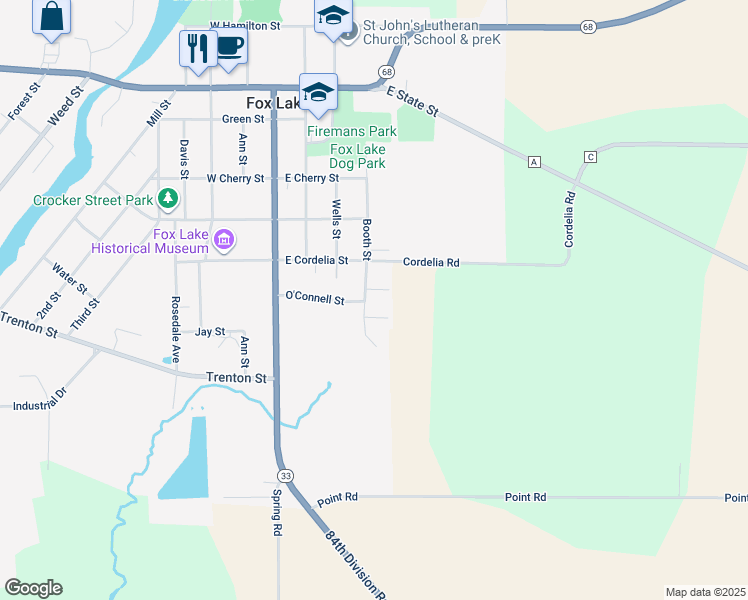 map of restaurants, bars, coffee shops, grocery stores, and more near 103 Eggleston Street in Fox Lake