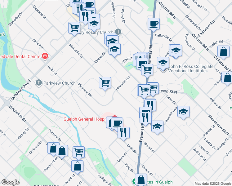 map of restaurants, bars, coffee shops, grocery stores, and more near 190 Metcalfe Street in Guelph