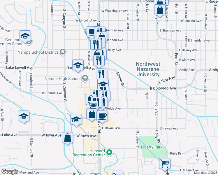 map of restaurants, bars, coffee shops, grocery stores, and more near 202 East Colorado Avenue in Nampa