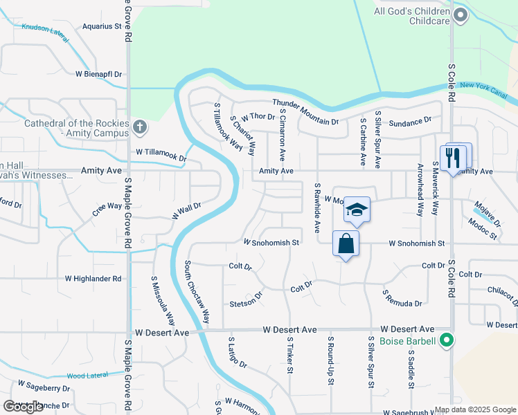 map of restaurants, bars, coffee shops, grocery stores, and more near 4830 South Chex Avenue in Boise