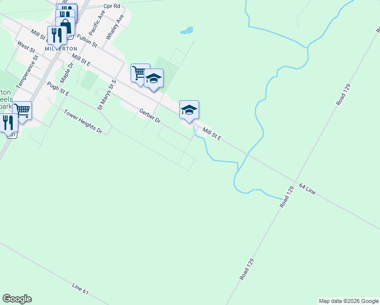 map of restaurants, bars, coffee shops, grocery stores, and more near 91 Gerber Drive in Milverton