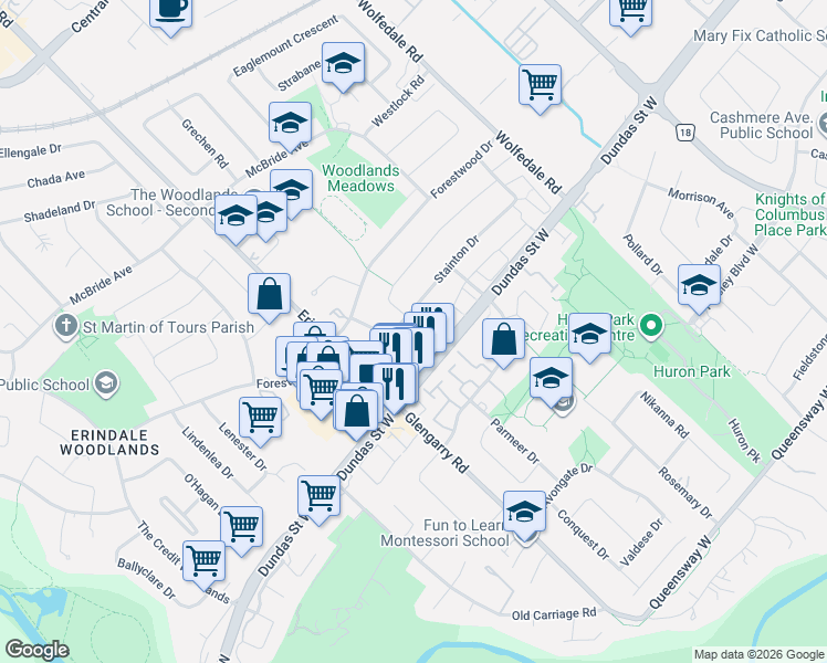 map of restaurants, bars, coffee shops, grocery stores, and more near 1063 Blairholm Avenue in Mississauga