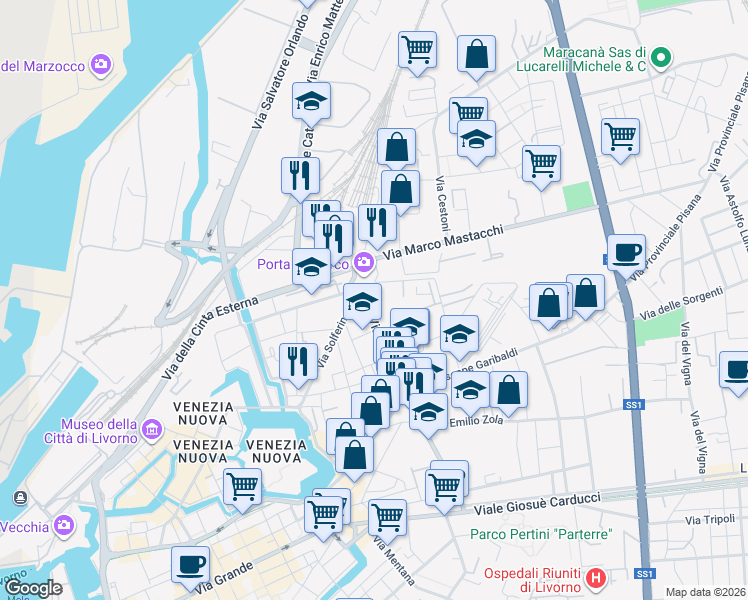map of restaurants, bars, coffee shops, grocery stores, and more near 90 Via Palestro in Livorno