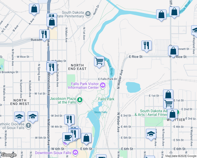 map of restaurants, bars, coffee shops, grocery stores, and more near East Falls Park Drive in Sioux Falls