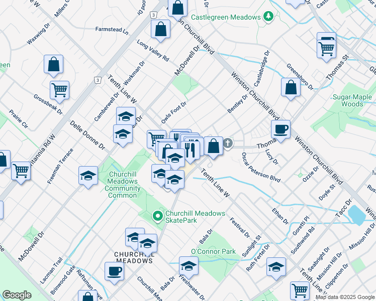 map of restaurants, bars, coffee shops, grocery stores, and more near 5755 Tenth Line West in Mississauga