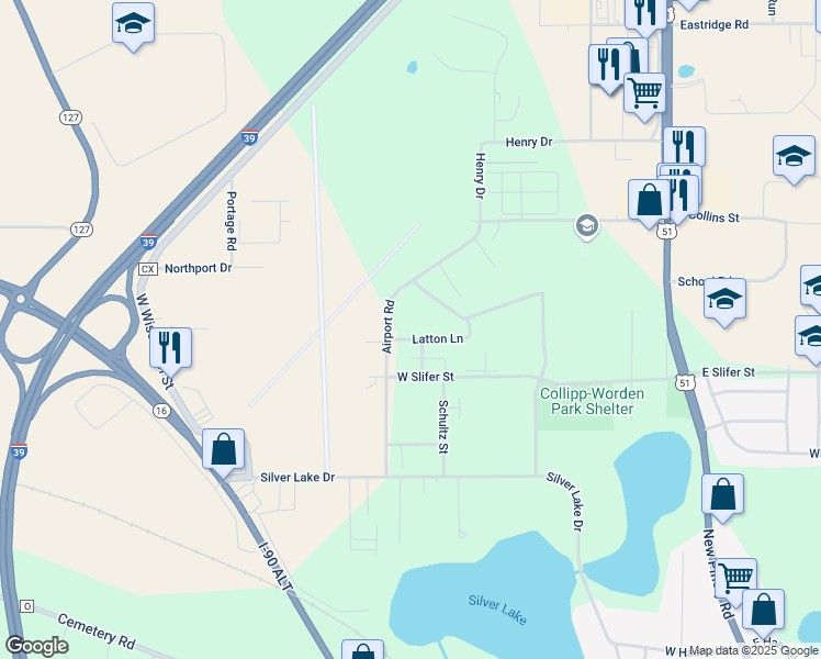 map of restaurants, bars, coffee shops, grocery stores, and more near 621 Latton Lane in Portage