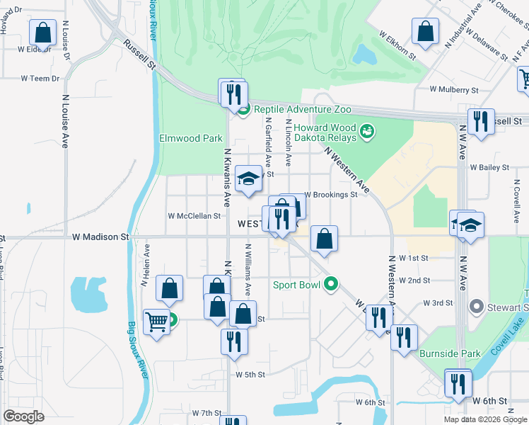 map of restaurants, bars, coffee shops, grocery stores, and more near 1101 North Garfield Avenue in Sioux Falls