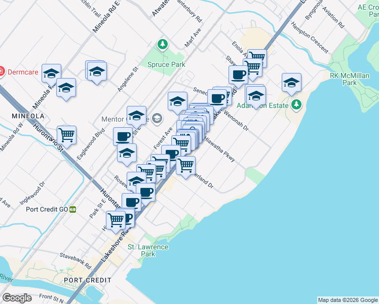 map of restaurants, bars, coffee shops, grocery stores, and more near 247 Lakeshore Road East in Mississauga