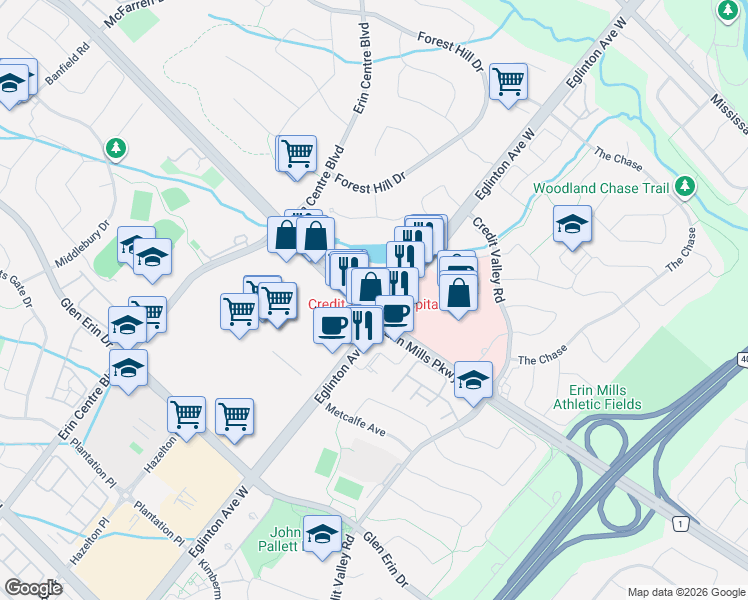 map of restaurants, bars, coffee shops, grocery stores, and more near 2485 Eglinton Avenue West in Mississauga