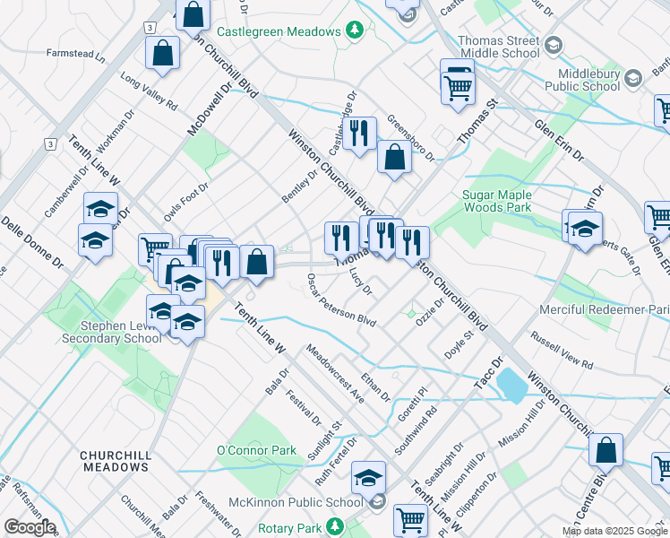 map of restaurants, bars, coffee shops, grocery stores, and more near 3088 Thomas Street in Mississauga