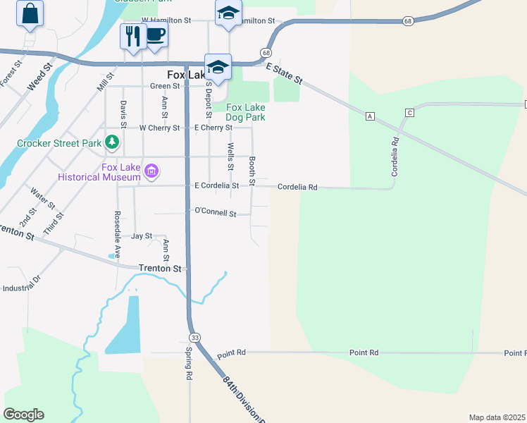 map of restaurants, bars, coffee shops, grocery stores, and more near 103 Eggleston Street in Fox Lake