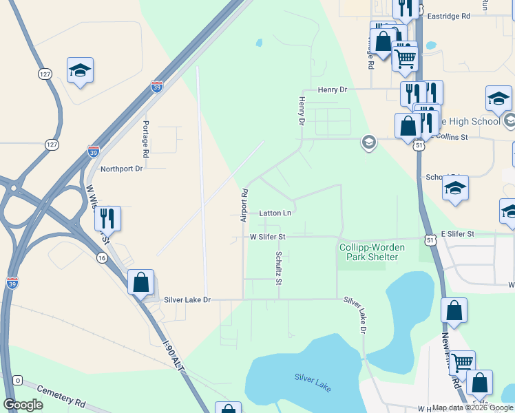 map of restaurants, bars, coffee shops, grocery stores, and more near 621 Latton Lane in Portage