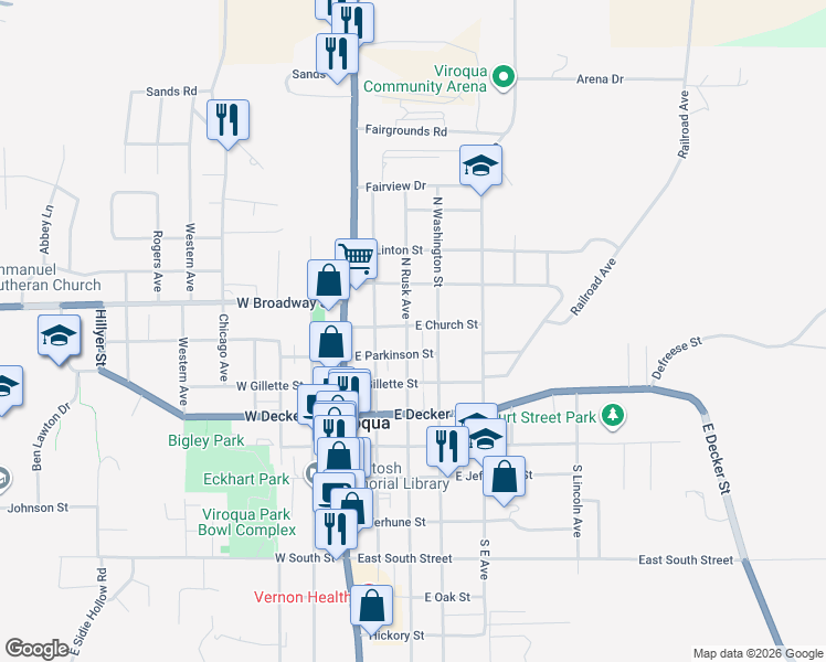 map of restaurants, bars, coffee shops, grocery stores, and more near 308 East Church Street in Viroqua