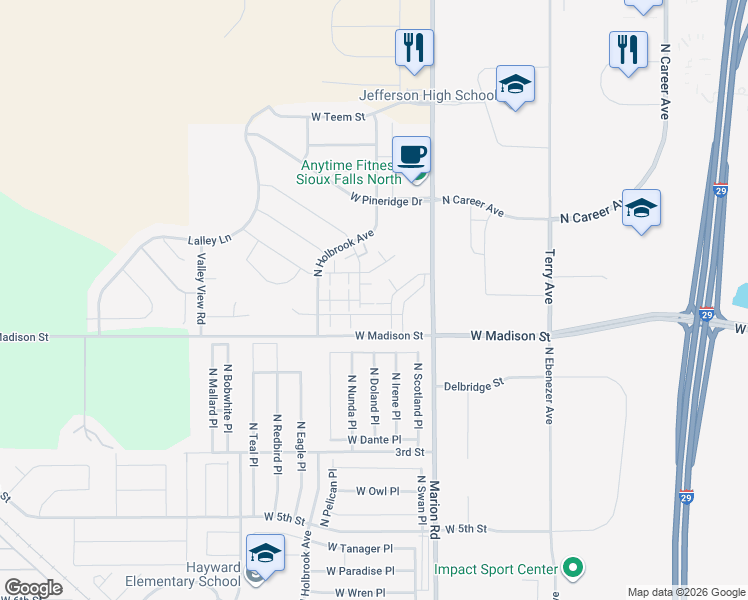 map of restaurants, bars, coffee shops, grocery stores, and more near 5300 West Sourwood Place in Sioux Falls
