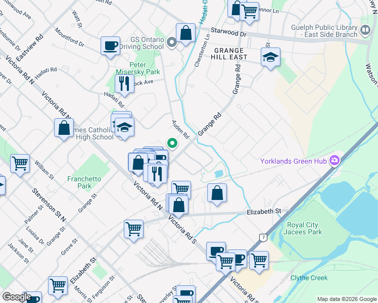 map of restaurants, bars, coffee shops, grocery stores, and more near 33 Thornton Street in Guelph