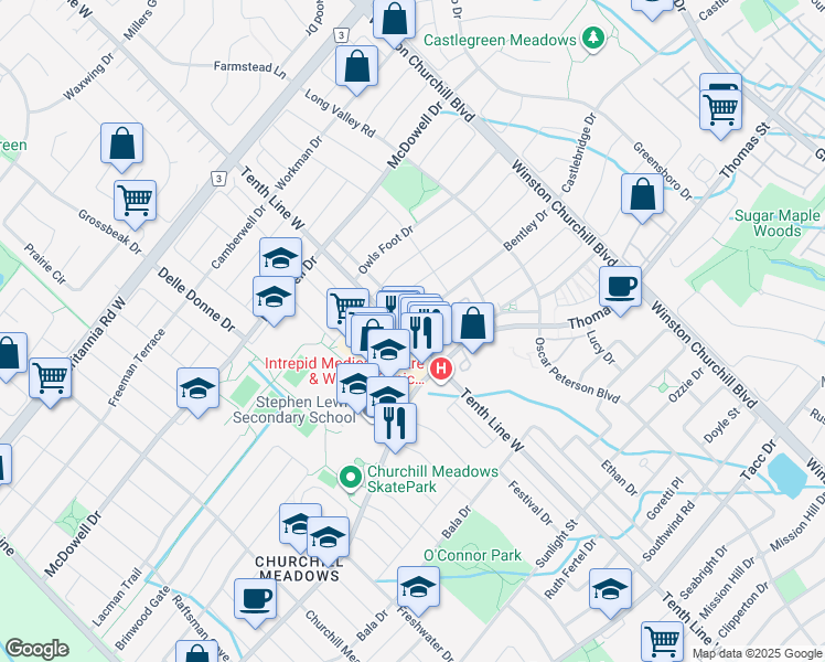 map of restaurants, bars, coffee shops, grocery stores, and more near 13 Tenth Line West in Mississauga