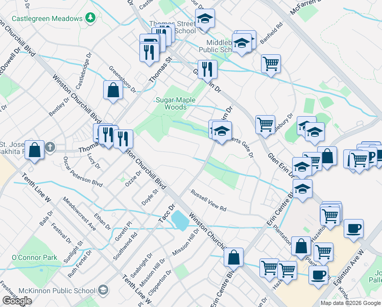 map of restaurants, bars, coffee shops, grocery stores, and more near 5396 Planters Wood Court in Mississauga
