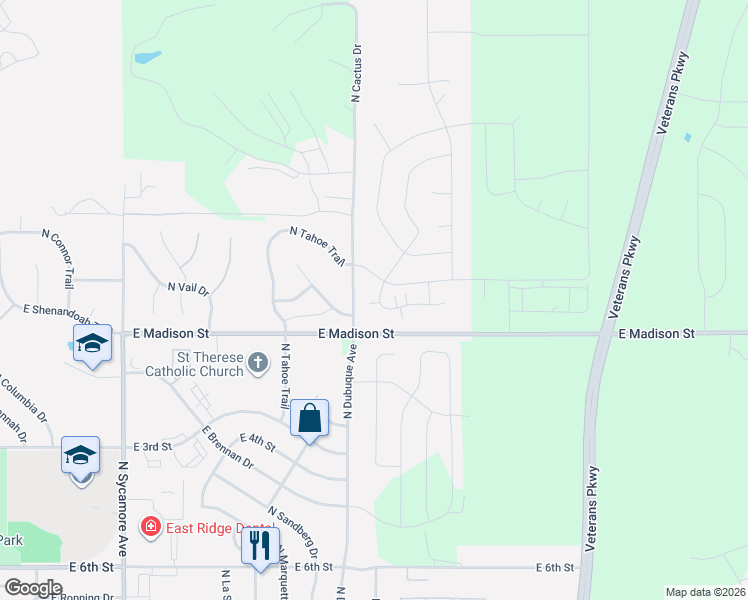 map of restaurants, bars, coffee shops, grocery stores, and more near 1414-1456 North Dubuque Avenue in Sioux Falls